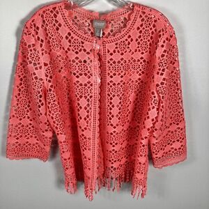 NWT  CHICO'S Size 2 Large Crochet Lace Jacket Calypso Coral Fringe Easter Spring